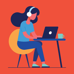 A girl works on a laptop work from home flat illustration