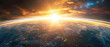 Beautiful panoramic view of planet Earth atmosphere from space with sun rays, city lights, clouds, and distant star galaxies. Dramatic globe horizon panorama banner background backdrop wallpaper
