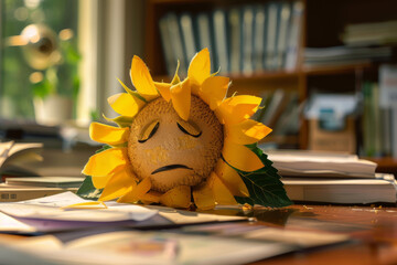 Sad and exhausted sunflower with stacks of documents on an office desk, hard work and burnout syndrome concept.