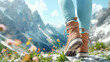 Traveler in sturdy hiking boots on a rocky mountain path with alpine flowers.