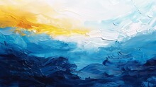 Oil Painting Capturing The Vibrant Transition From Dawn's Golden Yellow To Deep Ocean Blue..