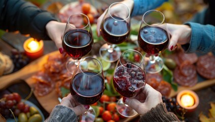 Friends Toasting Wine Over Cozy Dinner