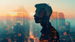 Silhouette close-up of a man half body with cityscape screen in double exposure effect background.