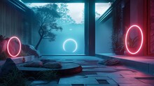 A Tranquil Space Adorned With Softly Glowing Neon Rings, Creating An Atmosphere Of Calm And Contemplation.