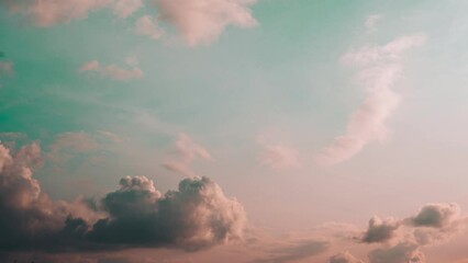 Wall Mural - Bright Blue Color. Natural Background Sky. Clouds Moving In Bold Blue Sky From Day To Dusk Transition Timelapse. Cloud Formation. Transition To Sunset Sky. Orange Sunset Sky Background. Dusk Time.