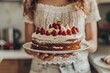 Freshly Baked Cake Ready-to-Eat. Midsection of Woman Holding Cake Stand in Her Home