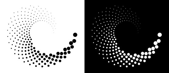 Wall Mural - Halftone dots in spiral. Modern abstract background. Design element or icon, logo. Black shape on a white background and the same white shape on the black side.