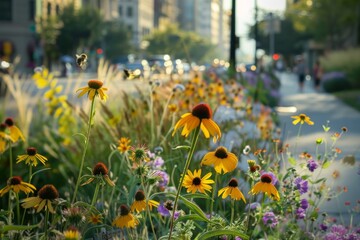 A Bustling Urban Oasis: Native Wildflowers Flourish, Inviting Bees and Butterflies to a City Corner