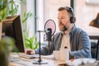 caucasian man recording sound with microphone doing podcast or broadcasting on radio