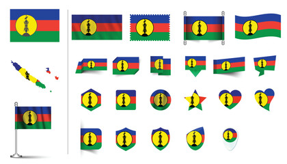 Wall Mural - set of New Caledonia flag, flat Icon set vector illustration. collection of national symbols on various objects and state signs. flag button, waving, 3d rendering symbols