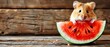   A hamster nibbling on watermelon atop wooden furniture beside a chunk of timber