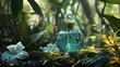 Designer perfume bottle veiled by rainforest flora serene natural elegance