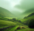 Lush green Irish landscape shrouded in mystical mist, evoking the magic of St. Patrick's Day

