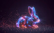 Neon-lit polygonal rabbit figure composed of sparkling points and lines on dark cosmic backdrop