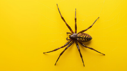 Black widow spider on a yellow background. Dangerous latrodectus insect.