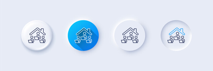 Wall Mural - Work at home line icon. Neumorphic, Blue gradient, 3d pin buttons. Teamwork sign. Remote office symbol. Line icons. Neumorphic buttons with outline signs. Vector