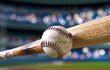 Impact Moment Between Baseball and Bat. A dynamic close-up of a baseball making contact with a wooden bat, with a blurred stadium background
