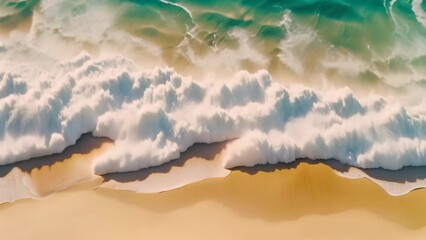 Wall Mural - Aerial view of beautiful sandy beach with turquoise ocean waves, Aerial view capturing a beautiful sandy beach and ocean wave, taken by a drone, AI Generated