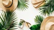 Tropical adventure essentials: traveler accessories with palm leaf branches on white background, perfect for summer vacation concept and road trip inspiration, flat lay composition with copyspace