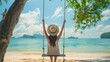 Serene moment: asian traveler enjoying beachside bliss on swing in koh chang, thailand