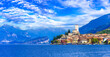 Northern italian lakes scenery - beautiful Lago di Garda. panoramic view of Malcesine castle and village