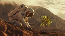 Astronaut Planting A Tree On Another Planet In Warm Sunny Golden Hour Light