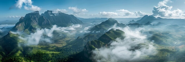 Misty mountains at sunrise in Vietnam. Aerial view of Ha Giang province, Meo Vac district.