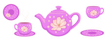 Set Of Stylish Retro Teaware In Bright Colors. Vector Cups, Saucers, Teapot Isolated On White Background. Pink Polka Dot Flower On Kitchen Items. For Design Of Covers, Books, Menus, Restaurants, Cafe