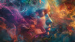 Abstract Portrait of Woman with Colorful Smoke. Vivid abstract portrait of a serene woman's face surrounded by a swirl of colorful smoke, symbolizing creativity and dreams.