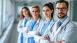 free space for title banner with Medical team members medical care on the right corner ,on the clean background