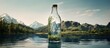 A bottle of liquid refreshment rests on the surface of a serene lake, framed by majestic mountains and a beautiful sky filled with fluffy white clouds