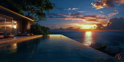 Wall Mural - Luxurious infinity pool overlooking a tranquil ocean at sunset