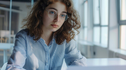 Wall Mural - A woman examines papers at an office desk with a computer and office supplies around.