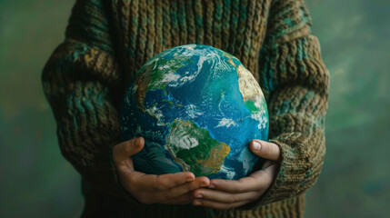 Wall Mural - Hands cradling a painted globe against a green background.