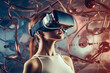 A woman wearing a virtual reality headset is looking at a cityscape.