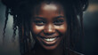 Portrait of a black young girl with beautiful features and a pattern on her face, black hair with dreadlocks, a large mouth with snow-white teeth, brown eyes, she is happy, smiling. Close-up
