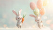 kleiner weißer Hase aus Plüsch mit Möhren an Luftballons gebunden fliegen davon Generative AI