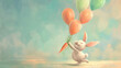 kleiner weißer Hase aus Plüsch mit Möhren an Luftballons gebunden fliegen davon Generative AI
