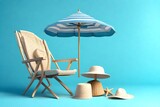 Fototapeta  - 3d render of beach items umbella chair and hat on blue background 