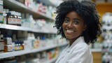 Fototapeta Londyn - A cheerful beautiful smiling African-American female pharmacist with curly hair.