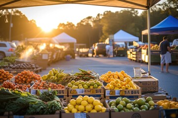 Wall Mural - An early morning farmers market scene, bustling with vendors and customers, fresh produce on display, capturing the essence of local commerce and community. Resplendent.