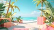 a tropical beach with palm trees and a pink box on the sand