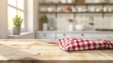  Red and White Checkered Kitchen Towel on Wooden Table in Sunlit Kitchen