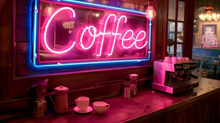 a neon sign that says coffee on a bar counter with a coffee maker and cups on it in front of a window