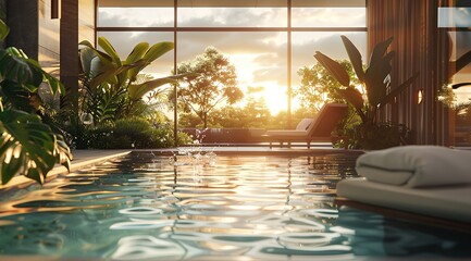 Poster - A pool with a view of trees and a sunset. The water is calm and the sky is orange