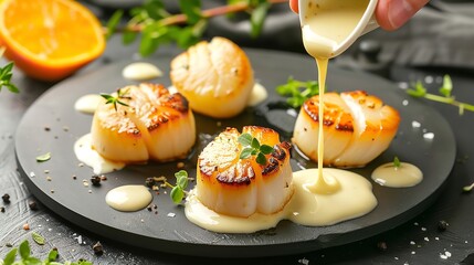 an atmospheric culinary scene featuring perfectly seared scallops on a dark plate