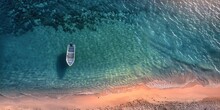 Serene Aerial Perspective Of A Solitary Boat On A Pristine Coastline