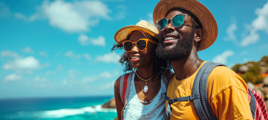 couple traveling with backpack on summer, generative ai