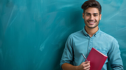 Poster - A smiling young man holds a red notebook against a chalkboard background.