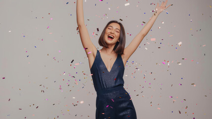 Sticker - A jubilant woman raises her arms amidst a shower of confetti.